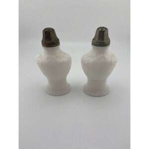 Vintage White Antique Milk Glass Molded Silver Cap Salt & Pepper Shakers